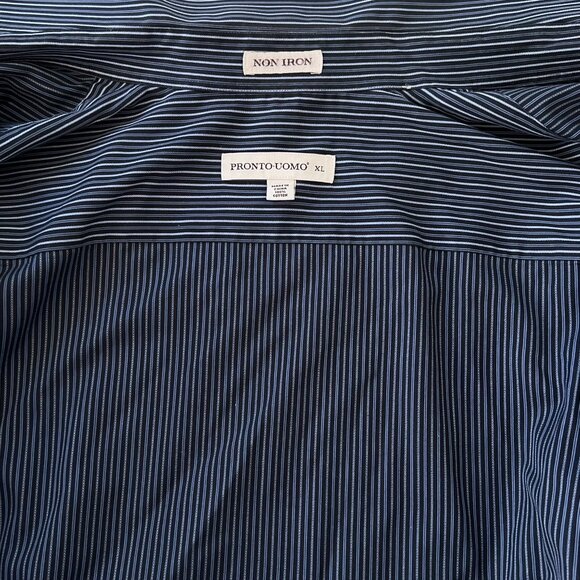 Pronto Uomo Men XL Non-Iron Button-Up Navy Pinstripe Long Sleeve Dress Shirt - Picture 3 of 12